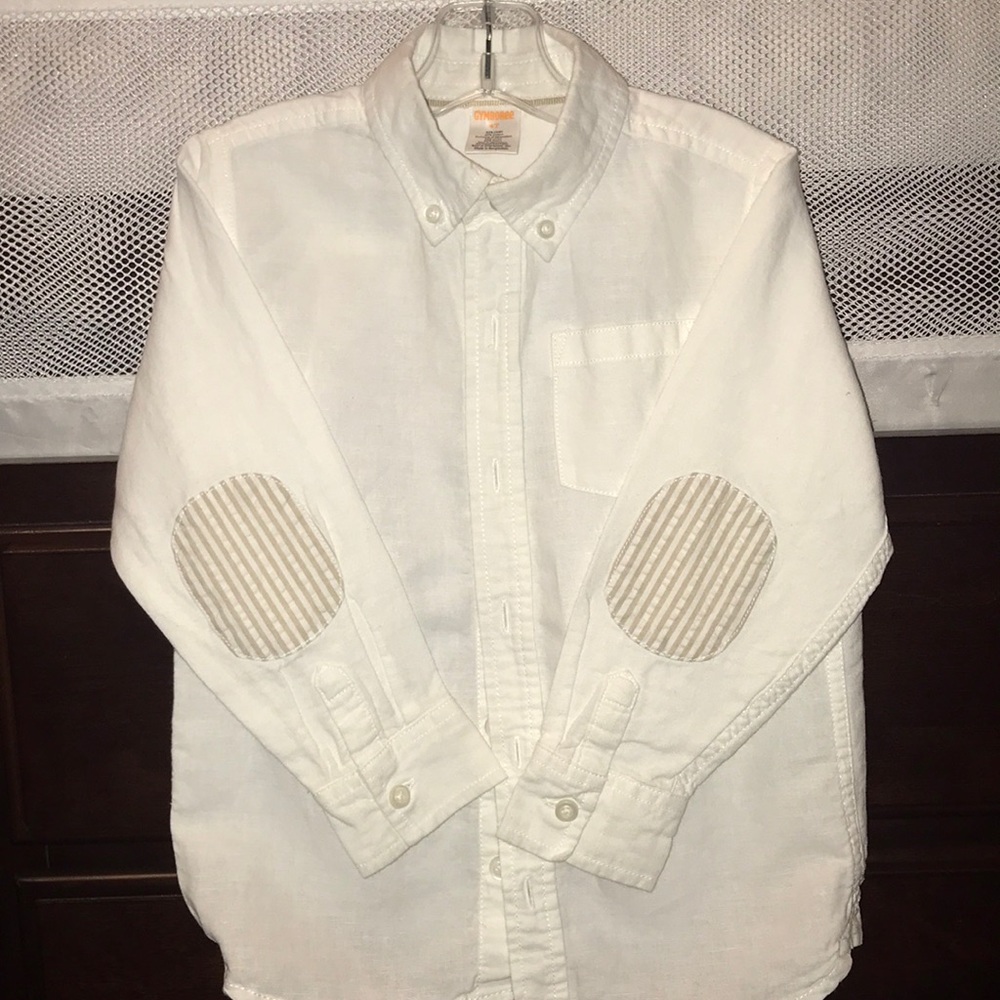 Boys linen shirt with seersucker elbow patch